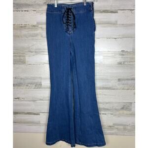 Forever 21 Women’s 29 Blue Boho 70’s Flare Denim Jeans Tie Waist Stretch